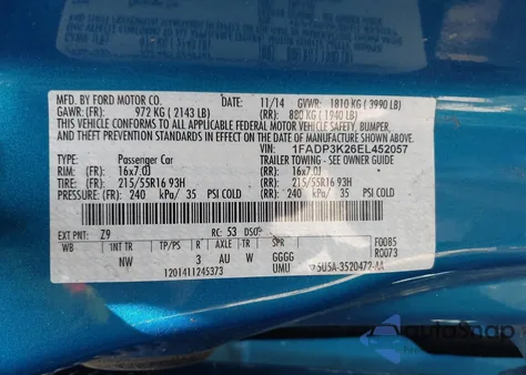 2014 Ford Focus Se из США, поврежденный, VIN 1FADP3K26EL452057